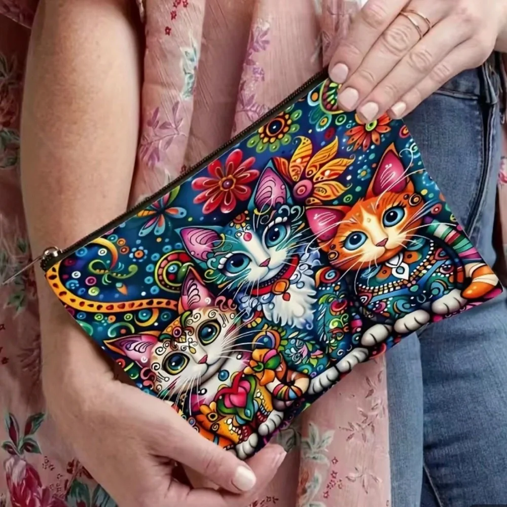 Henna Painted Cat Print Zipper Cosmetic Pouch